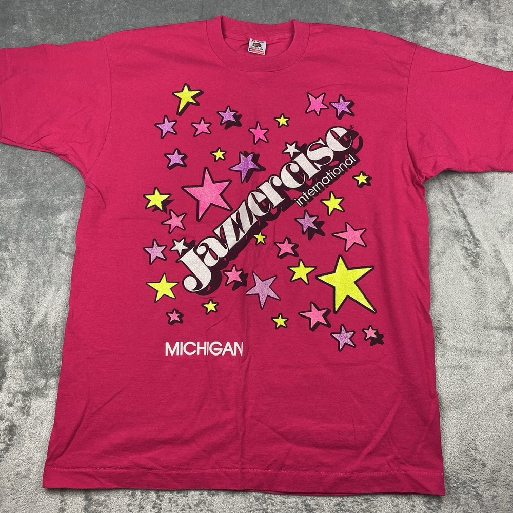 Vtg‎ Jazzercise International Shirt Size XL Pink Sparkle Michigan Single Stitch